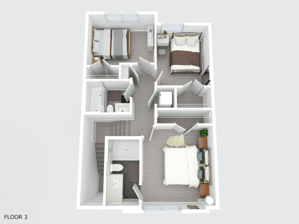 3D floor plan of the third floor with furniture and texture.
