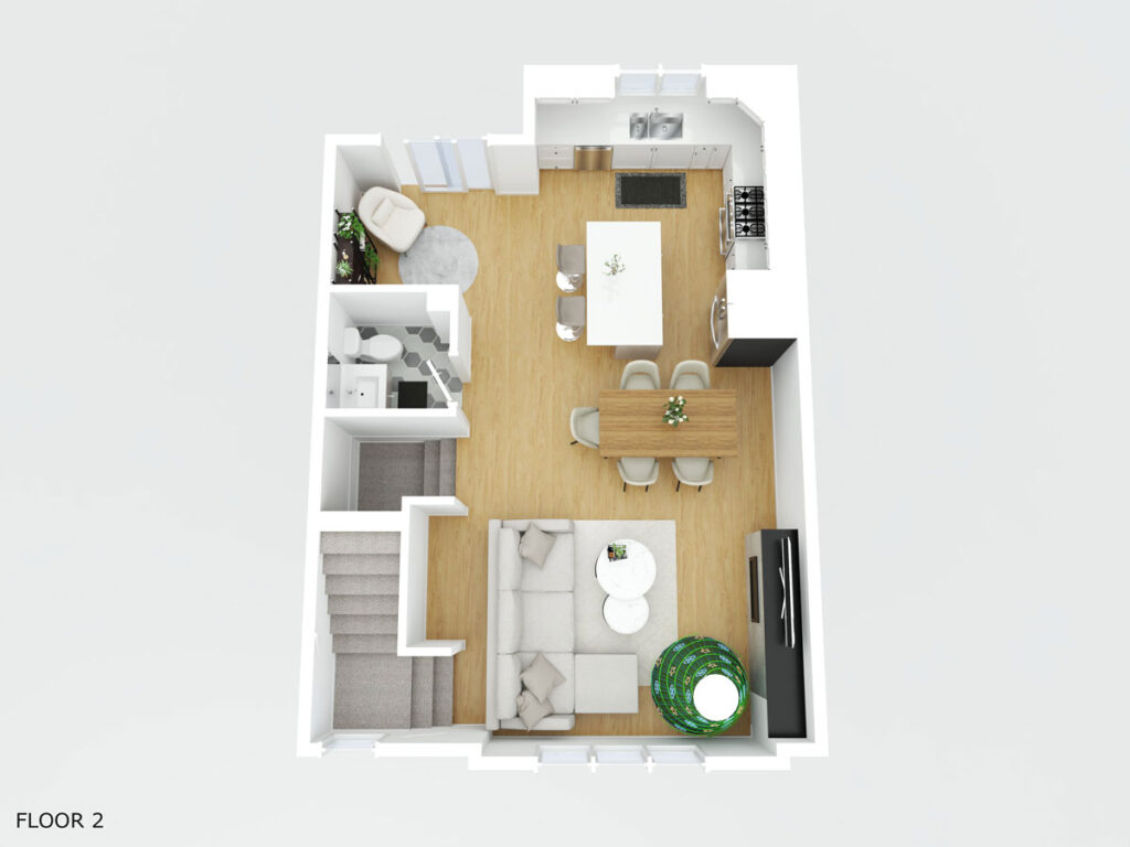 3D floor plan of the second floor with furniture and texture.