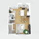 3D floor plan of the second floor with furniture and texture.
