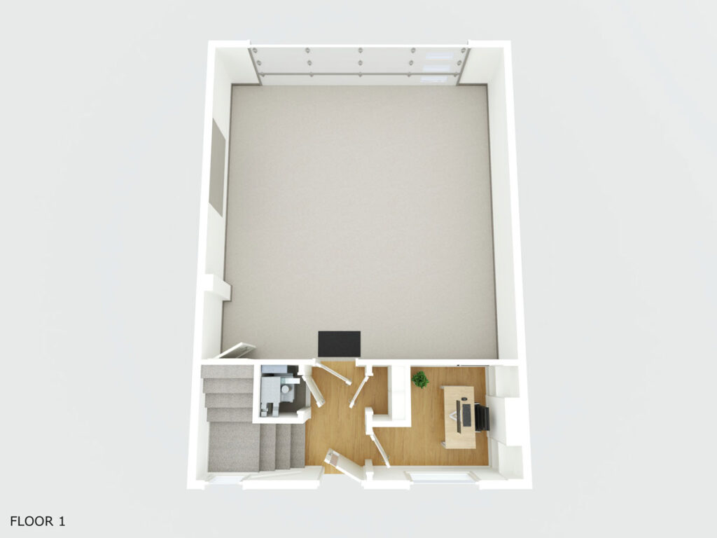 3D floor plan of the ground floor with furniture and texture.